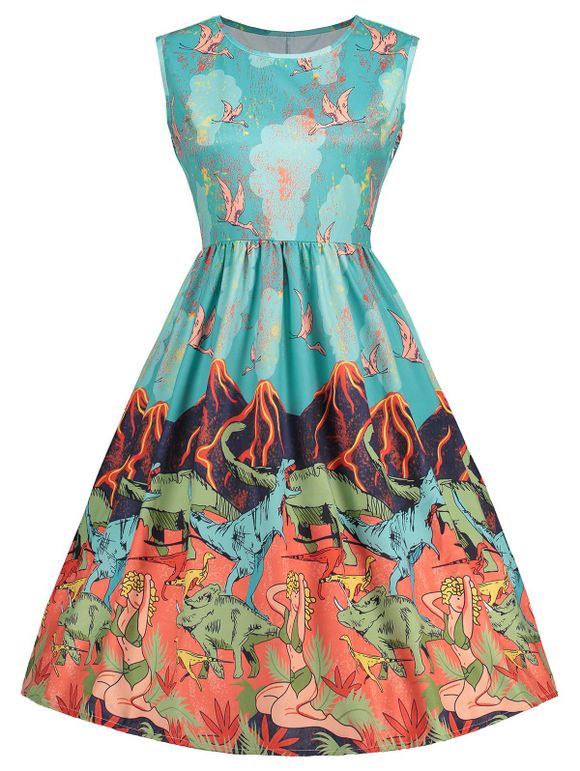 Robe Vintage Sans Manches à Imprimé Volcans et Dinosaures - multicolore L