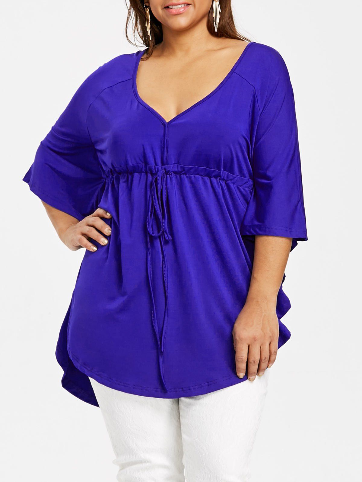 

Dolman Sleeve Waist Plus Size Swing Asymmetric T-shirt, Blue