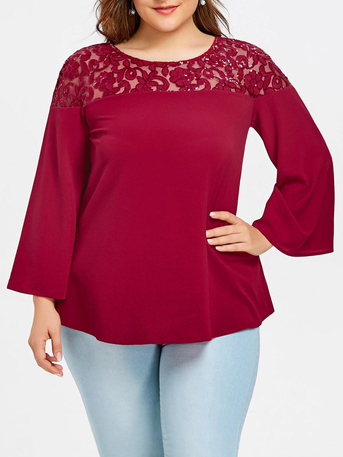 

Plus Size Sequins Embellished Mesh Trim T-shirt, Wine red