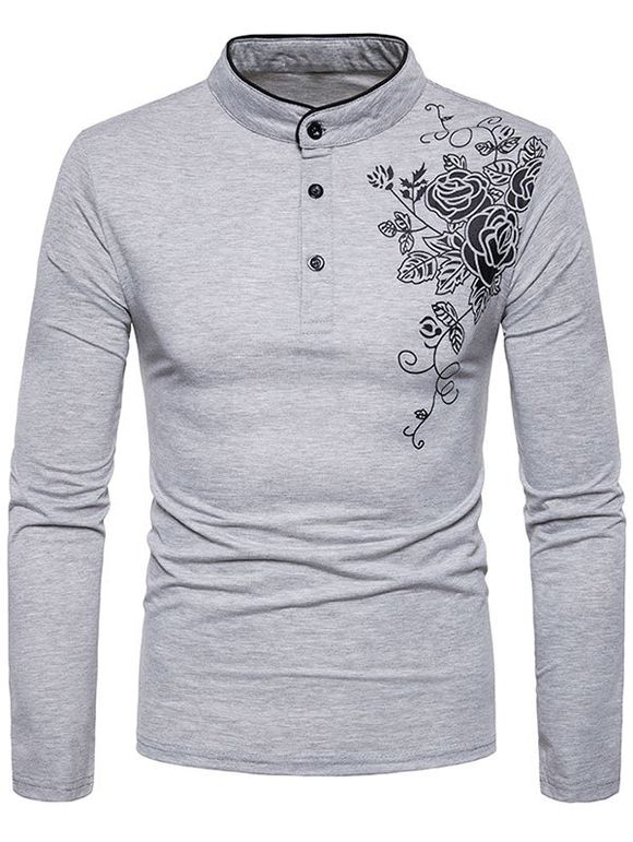 T-shirt à col en demi-fleur à imprimé floral - Gris Clair L