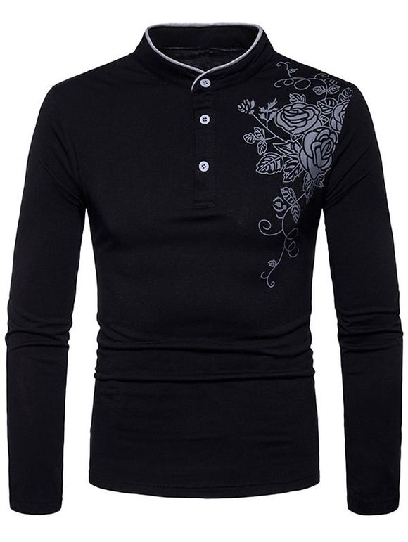 T-shirt à col en demi-fleur à imprimé floral - Noir 2XL