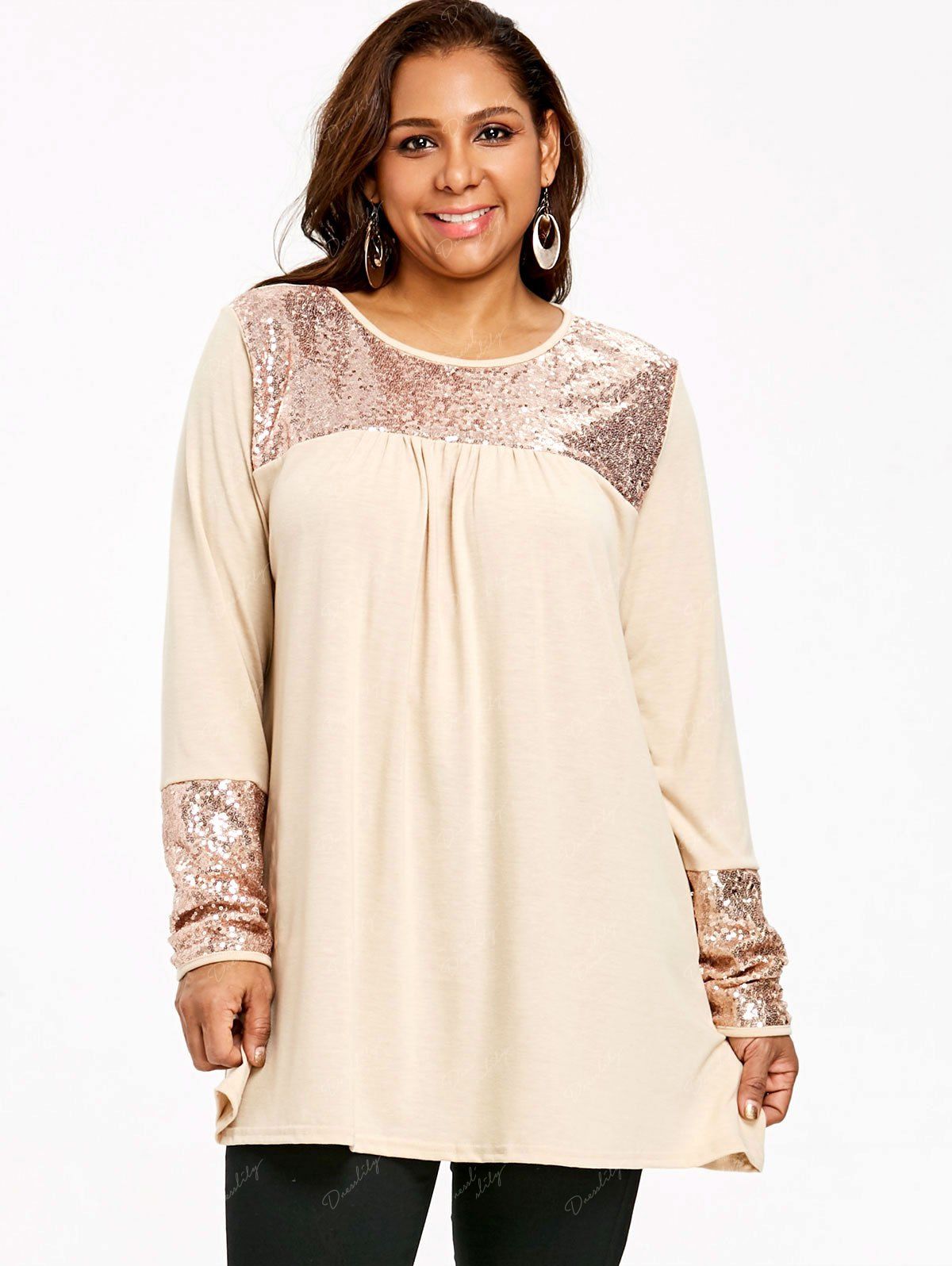 2018 Plus Size Sequin Embellished Tunic Top Khaki Xl In Plus Size T 3429