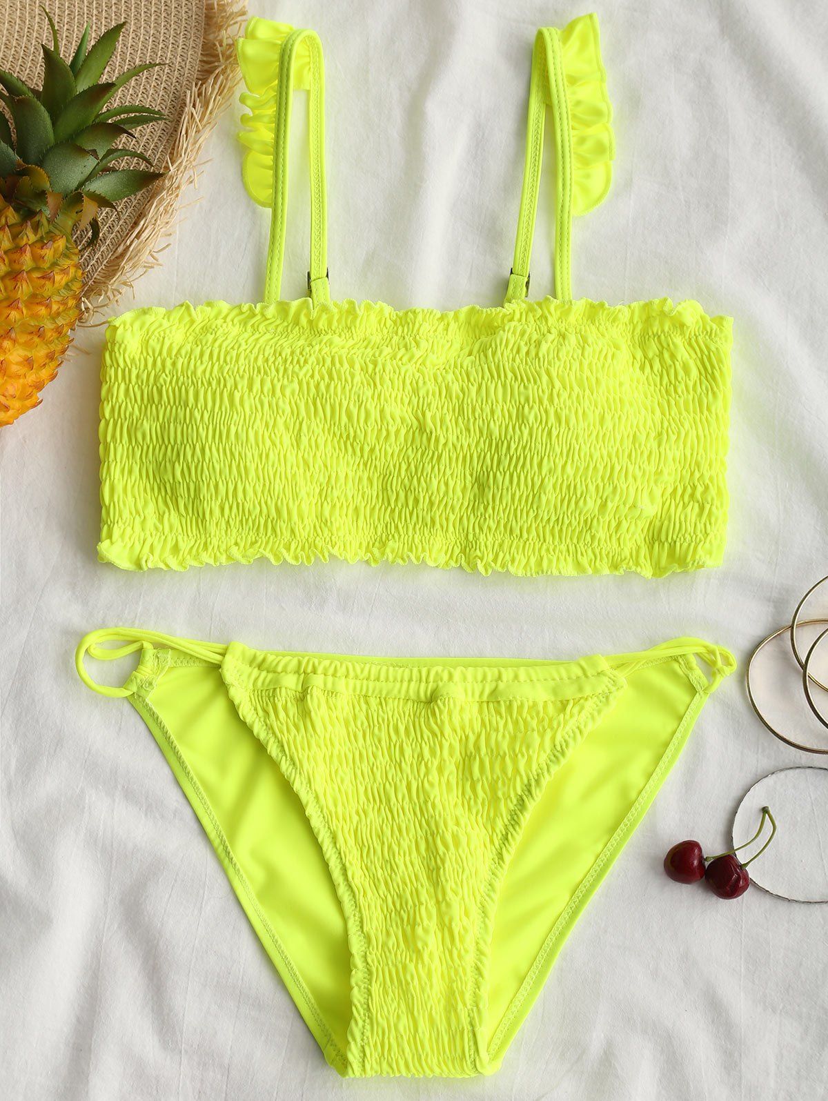 

Flounce Smocked Bikini Set, Fluorescent yellow