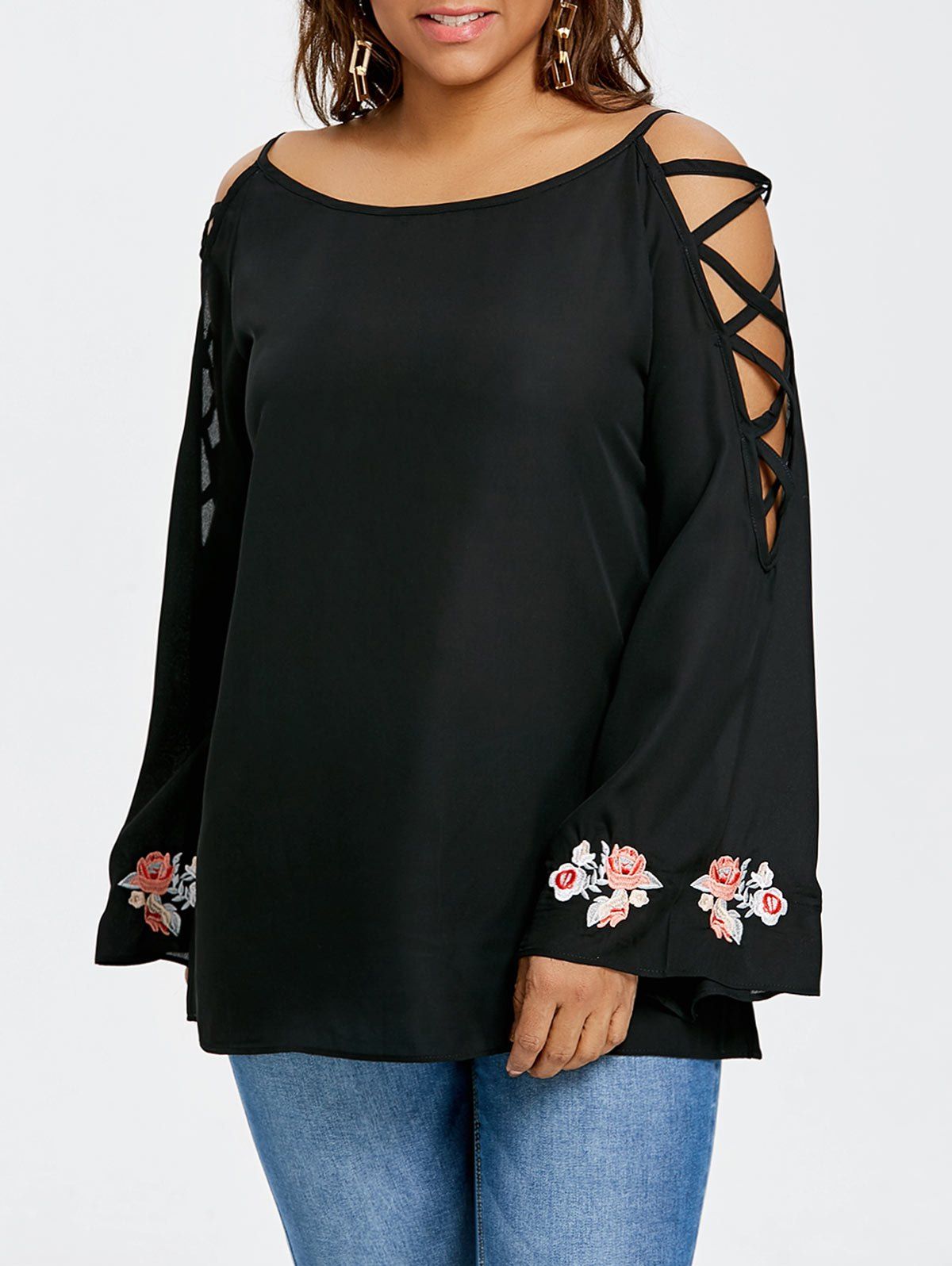 

Plus Size Lattice Shoulder Bell Sleeve Blouse, Black