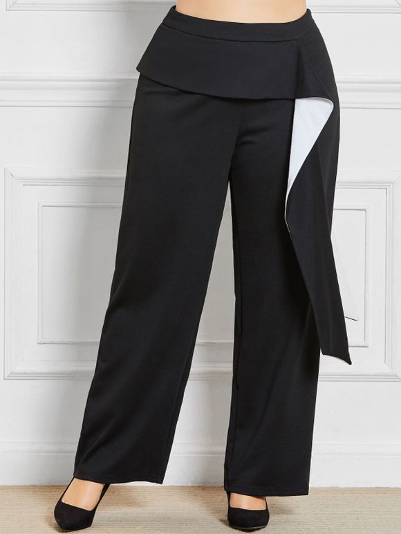 Pantalon à Jambes Larges Grande Taille avec Détail Volanté - Noir XL
