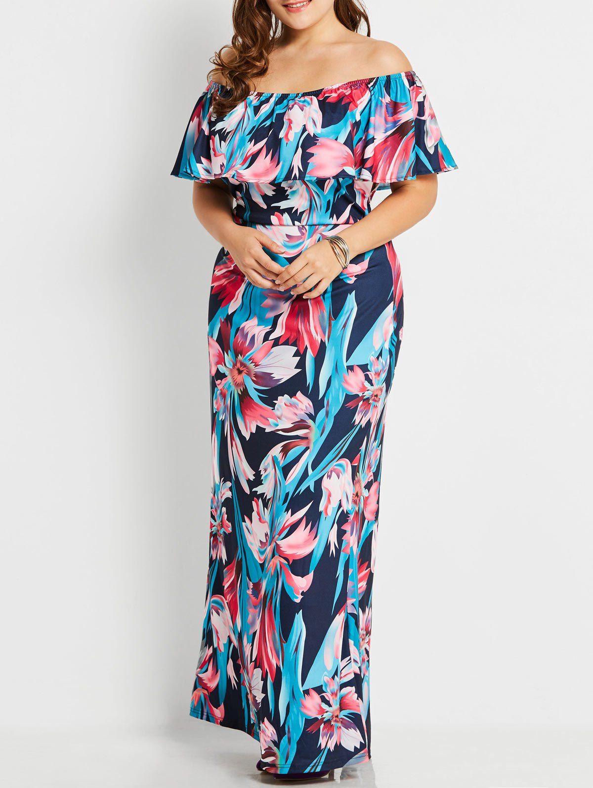 2018 Overlay Plus Size Tropical Off The Shoulder Maxi Dress FLORAL XL ...