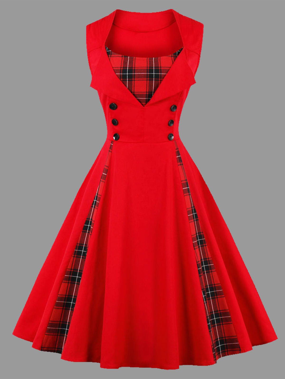 

Plus Size Vintage Plaid Insert Sleeveless Dress, Red