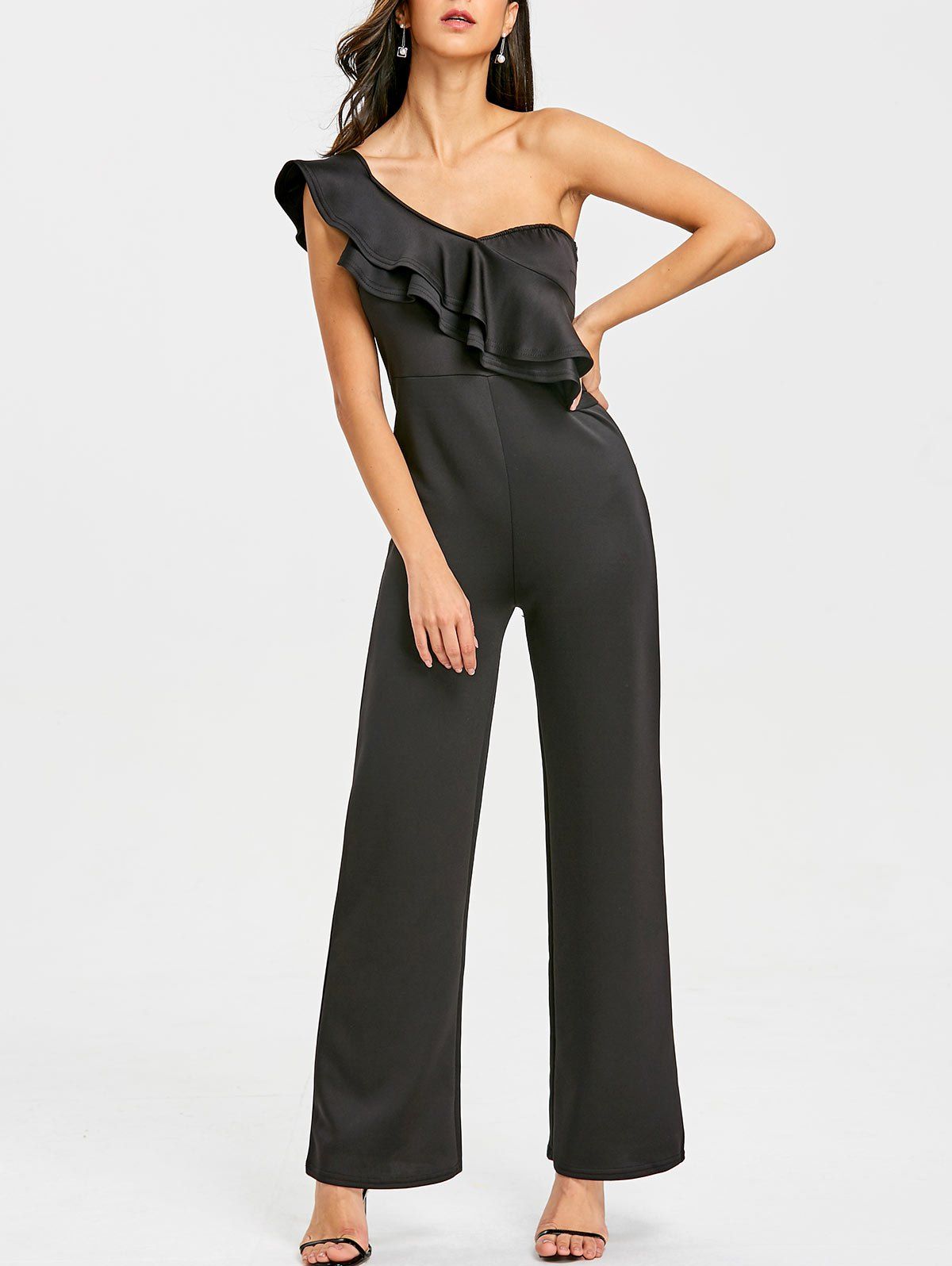 

One Shoulder Flounce Wide Leg Jumpsuit, Black