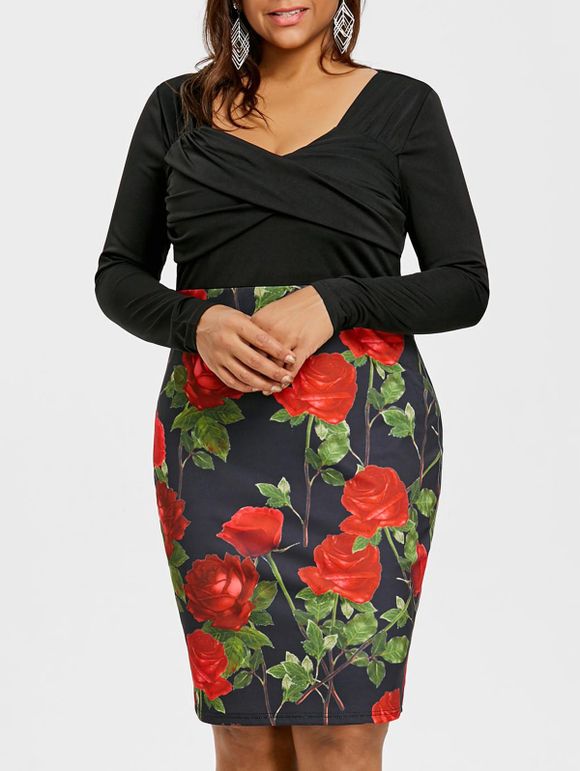 Robe Moulante à Rose à Taille Empire Grande Taille - Noir Brillant XL