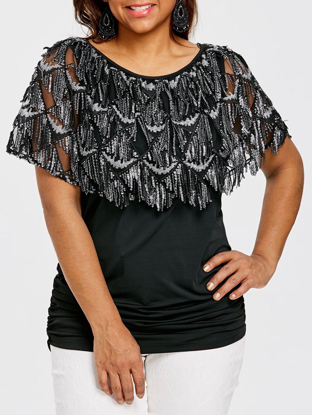 

Plus Size Sequined Overlay Cape T-shirt, Black
