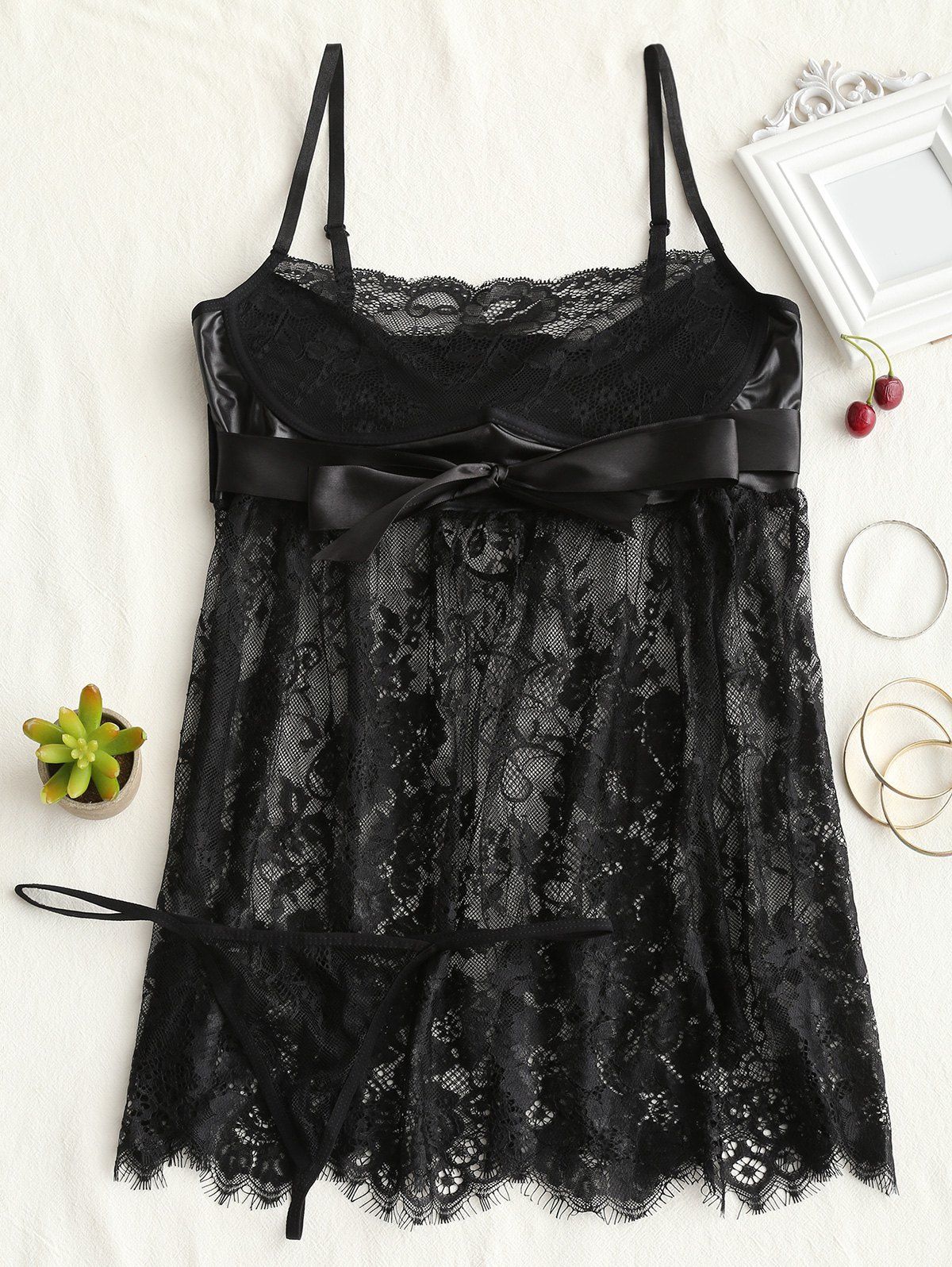 

Sheer Lace Slip Babydoll, Black