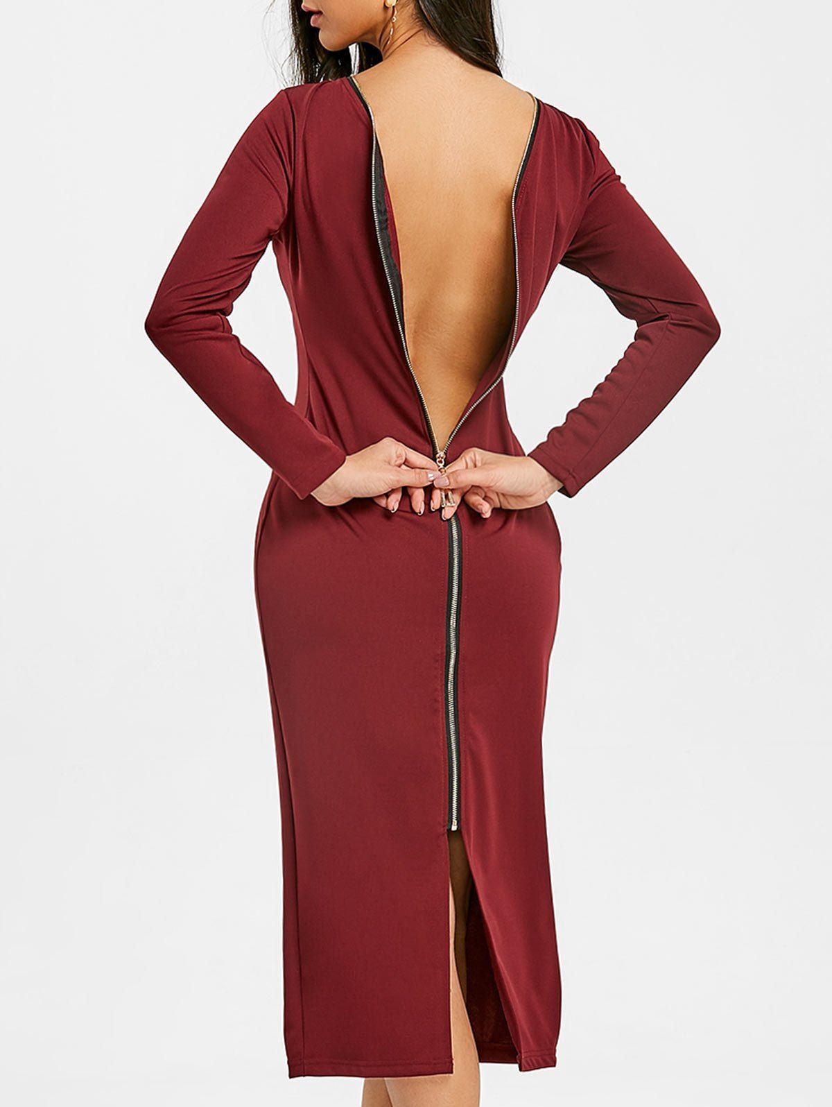 

Back Zip Up Long Sleeve Bodycon Dress, Wine red