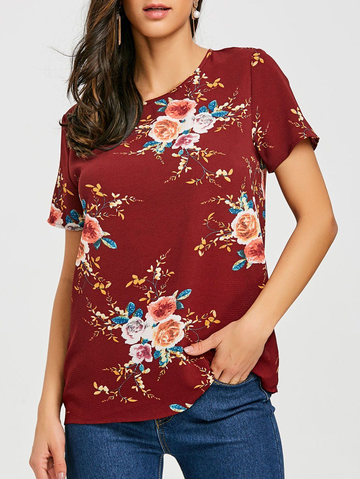 

Floral Print Short Sleeve T-shirt, Wine red