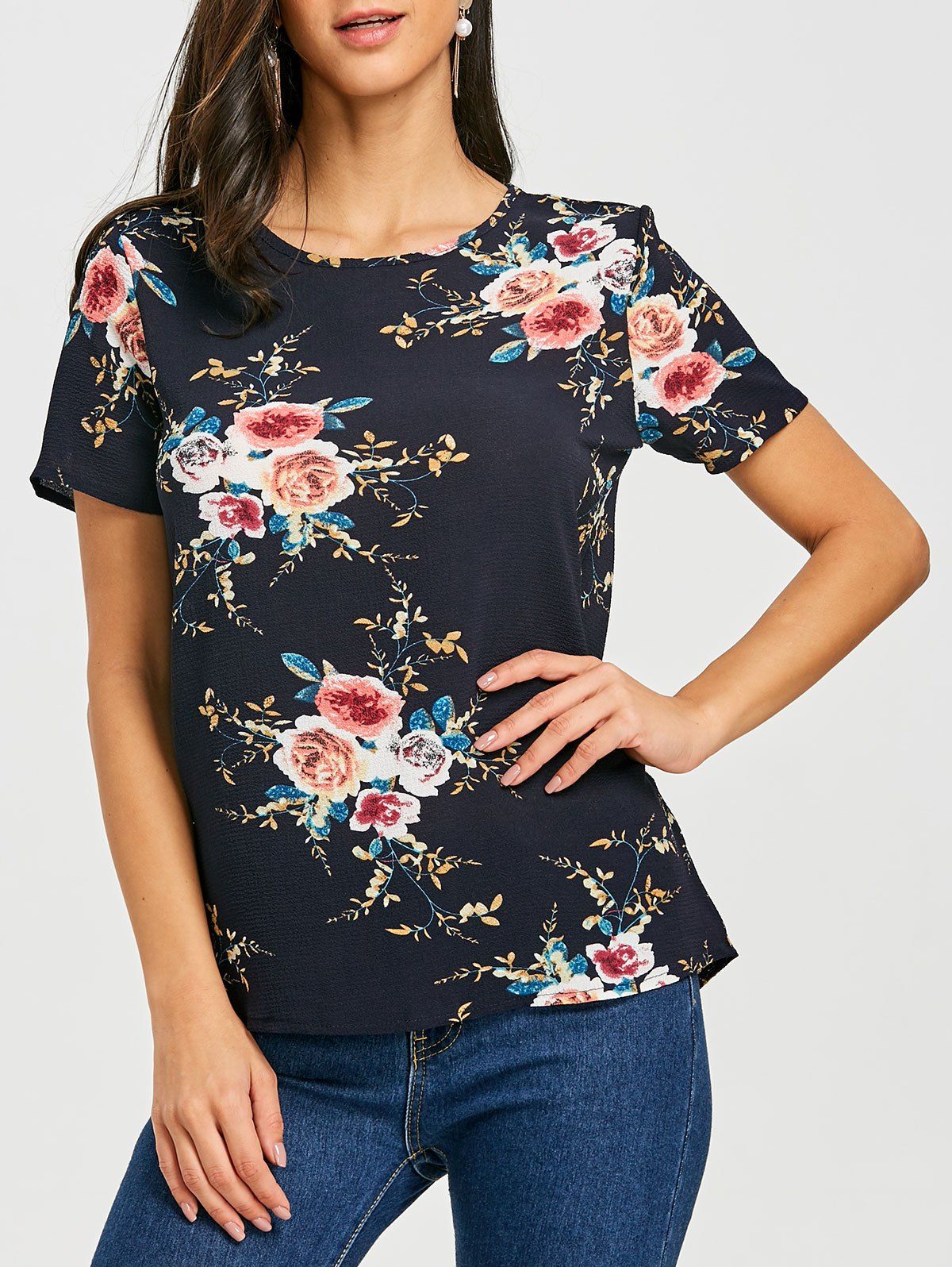 

Floral Print Short Sleeve T-shirt, Purplish blue