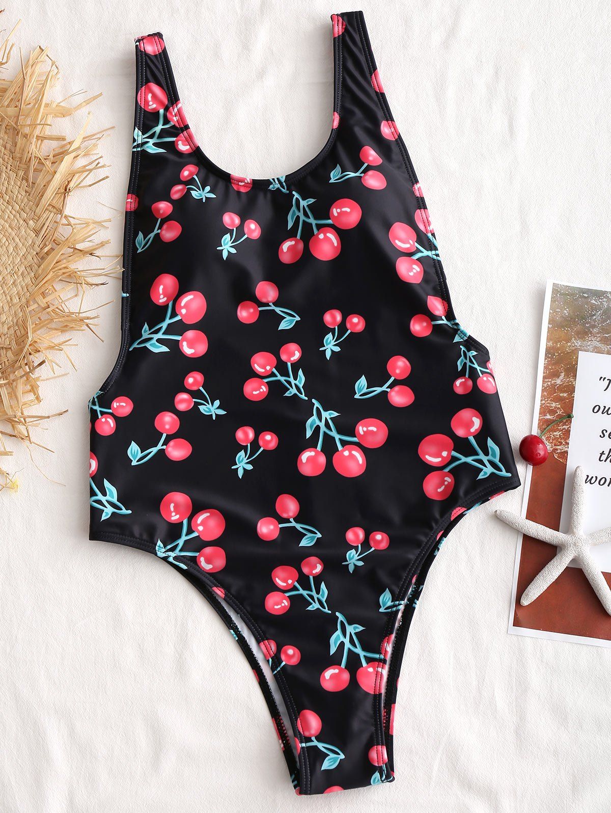 [17% OFF] 2021 Cherry Print Backless One Piece Swimsuit In BLACK ...