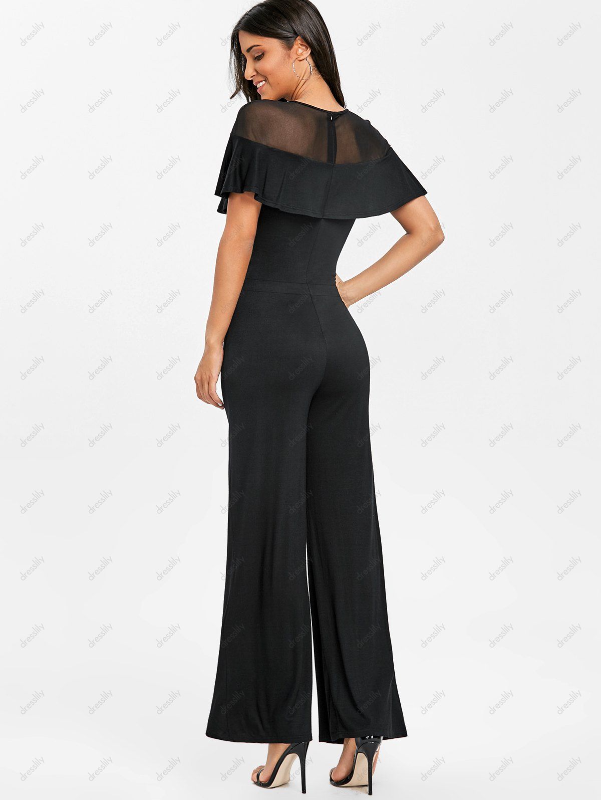 [24% OFF] 2021 Embroidery Mesh Insert Palazzo Jumpsuit In BLACK | DressLily