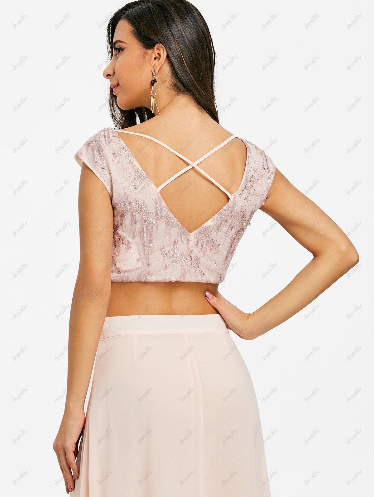 [31 OFF] 2021 Beaded V Neck Sparkle Crop Top In APRICOT DressLily