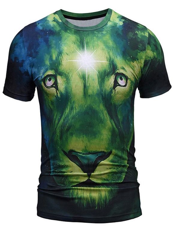 T-shirt Ras du Cou à Motif Visage de Lion - Vert 3XL
