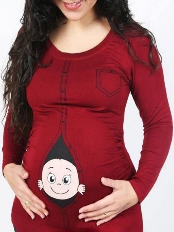 Haut Maternité Imprimé Bébé à Manches Longues - Rouge vineux 2XL