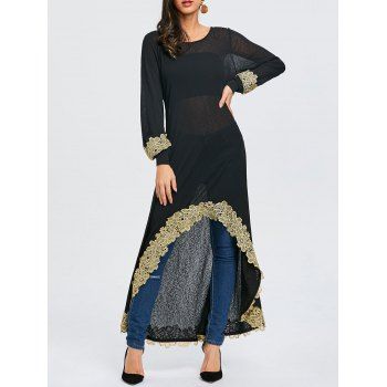 

Embroidery High Low Long T-shirt, Black