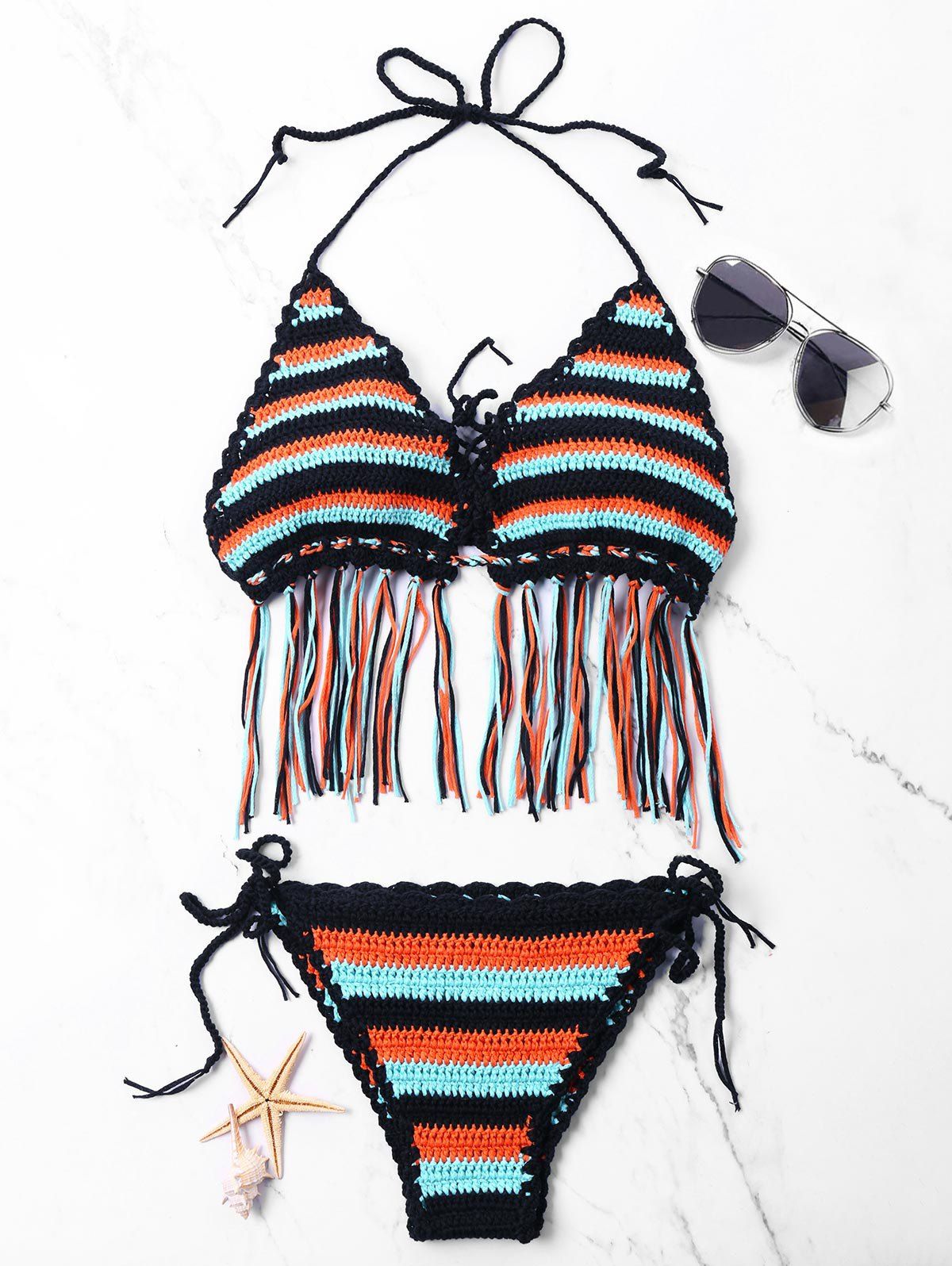 Knit Striped Fringe Halter Bikini Set - COLORMIX ONE SIZE