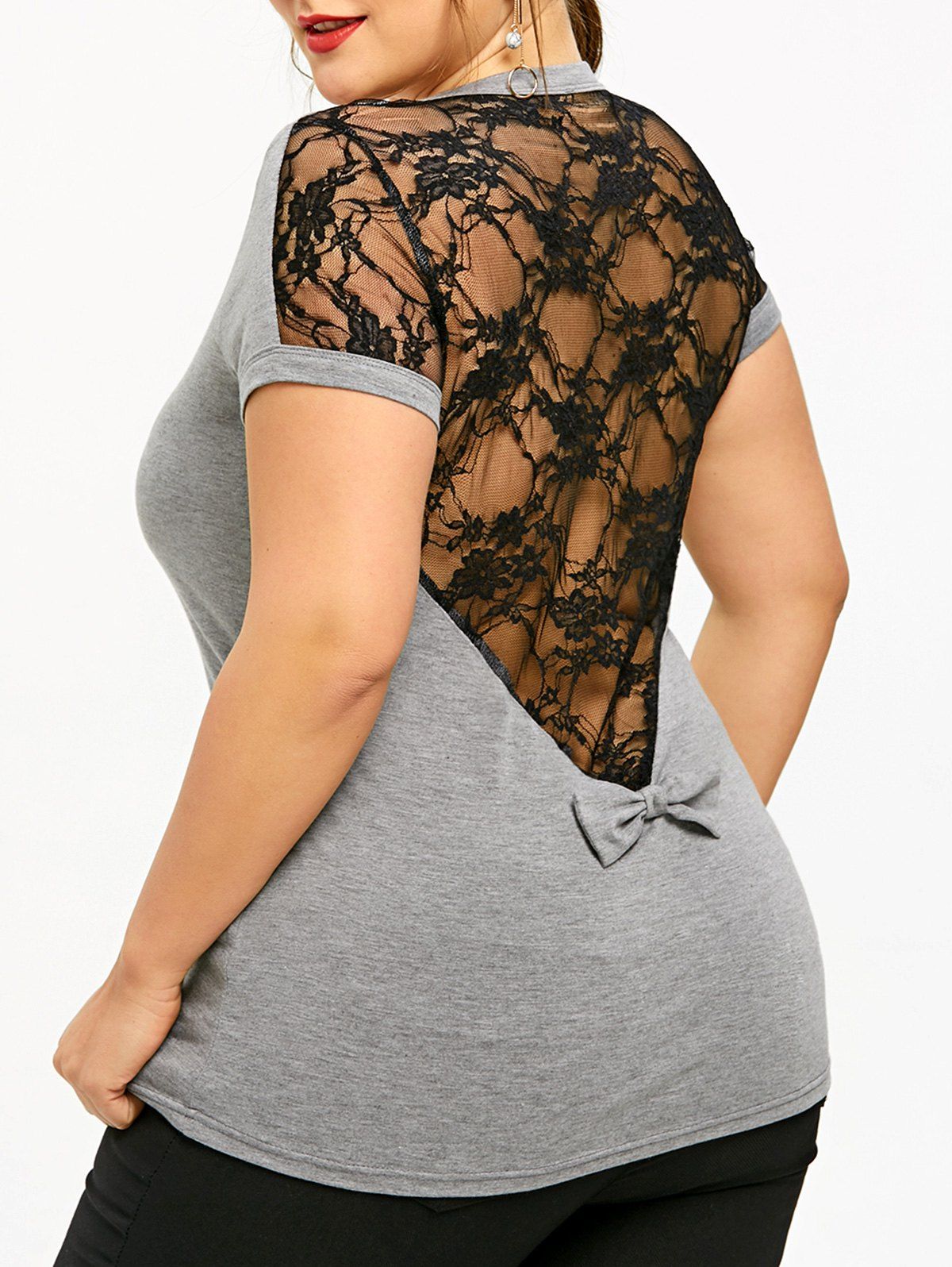 

Plus Size Lace Panel Bowknot T-shirt, Gray