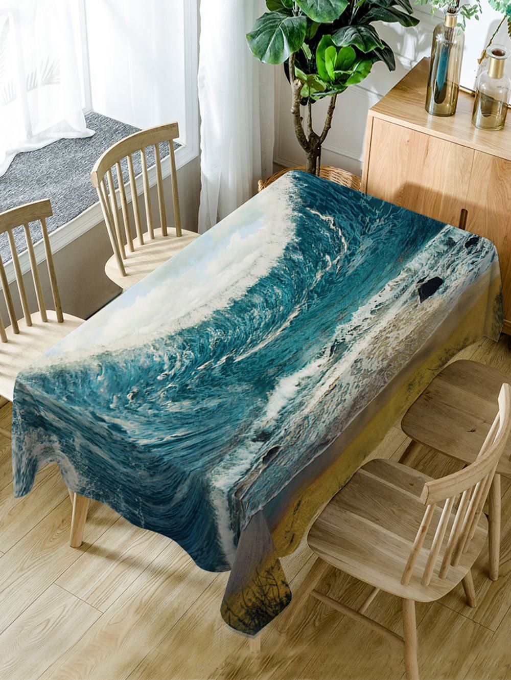 

Ocean Wave Print Fabric Waterproof Table Cloth, Sea blue