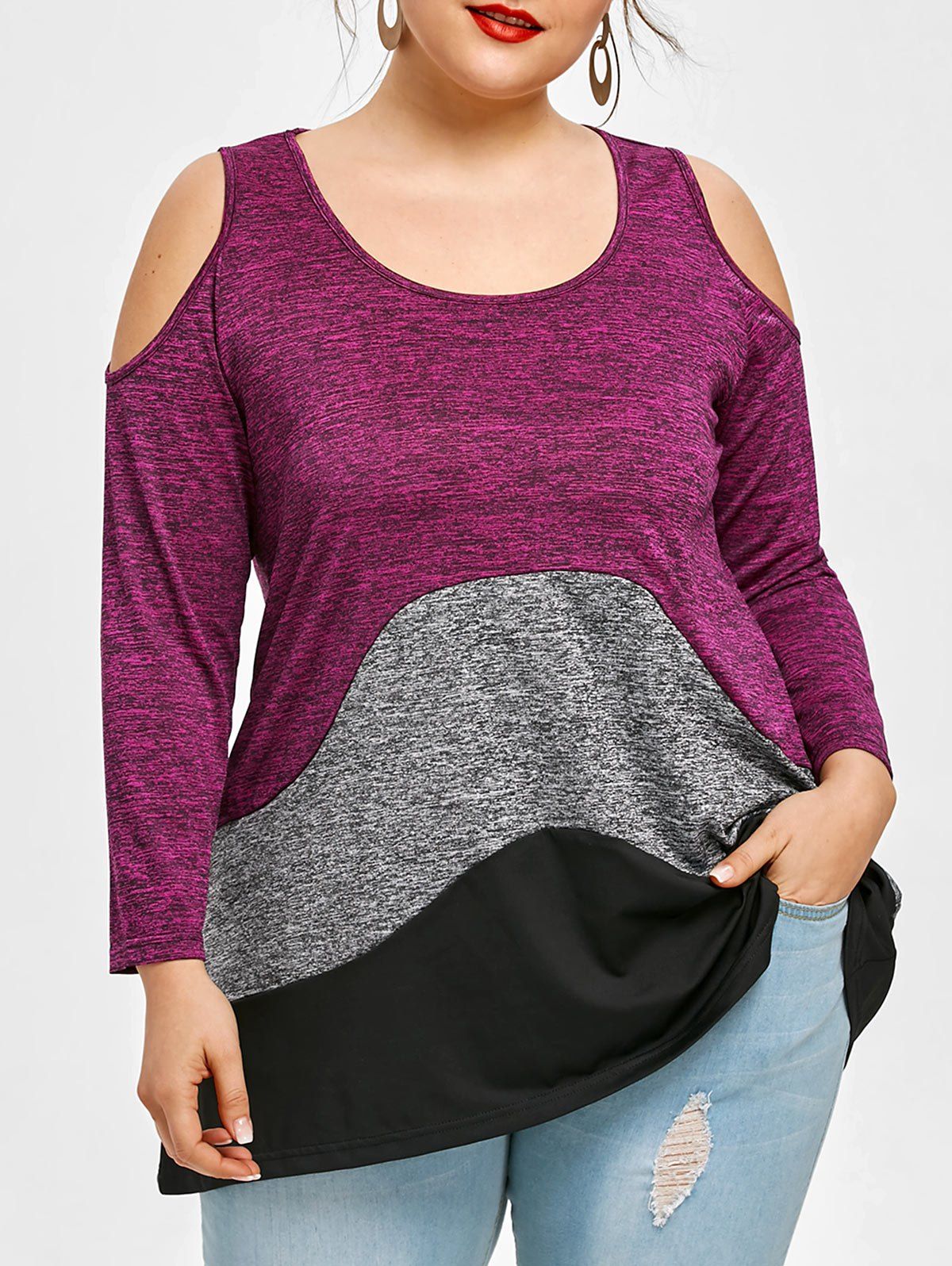 

Color Panel Plus Size Cold Shoulder T-shirt, Colormix