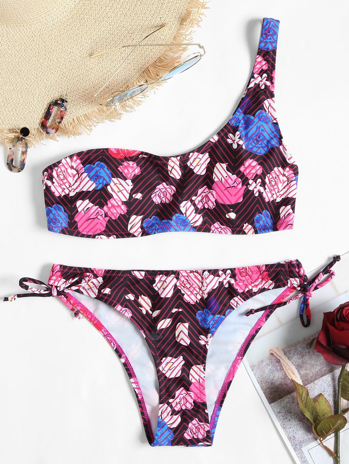 

Floral Low Waist One Shoulder Bikini, Colormix