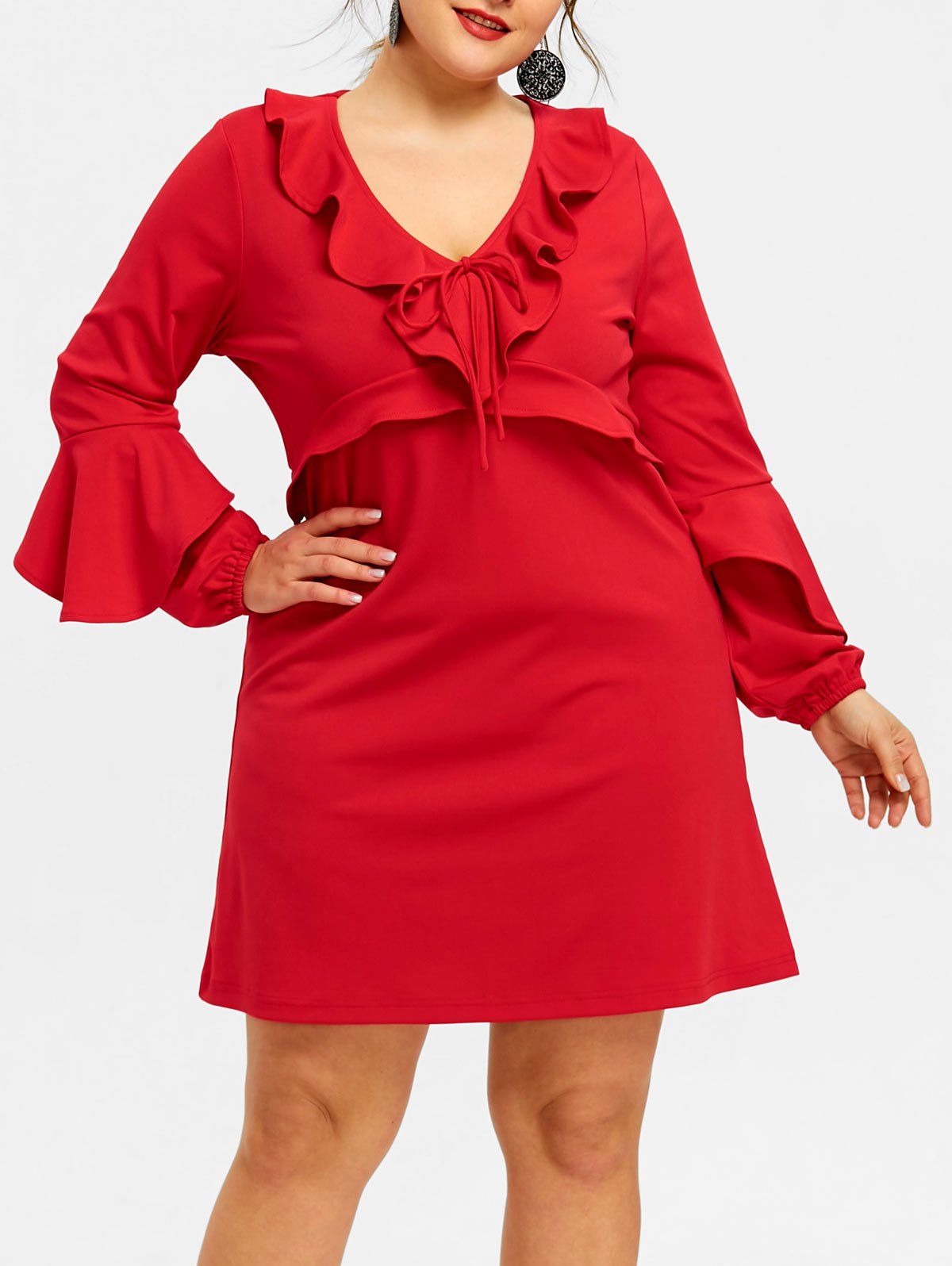 

Plunge Plus Size Ruffle Trim Dress, Red