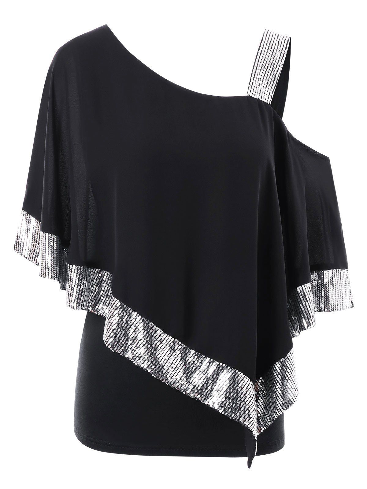 

Plus Size Skew Collar Split Sleeve Overlay T-shirt, Black