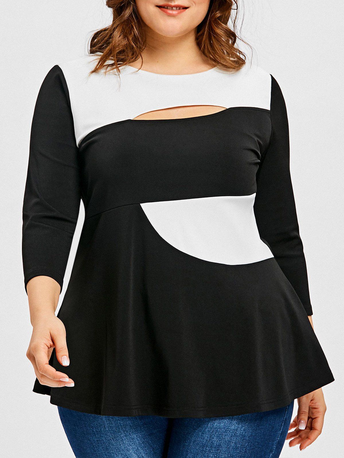 [41% OFF] 2020 Plus Size Color Block Cut Out Top In WHITE/BLACK | DressLily