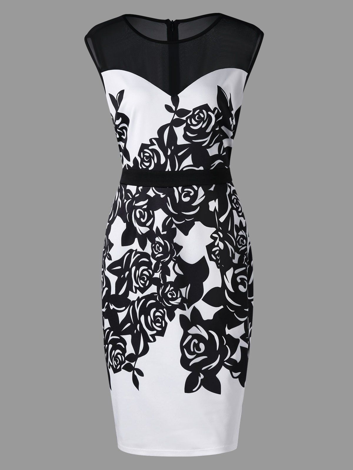 

Plus Size Mesh Panel Flower Print Work Dress, White and black