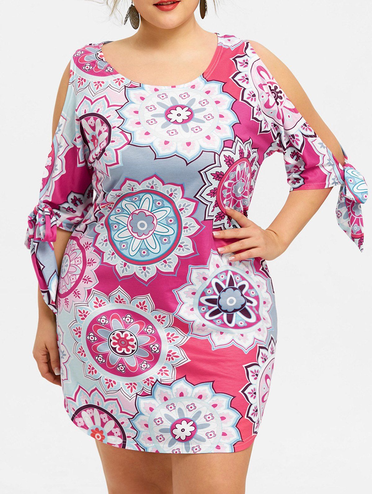 

Cut Out Sleeve Plus Size Print Dress, Colormix