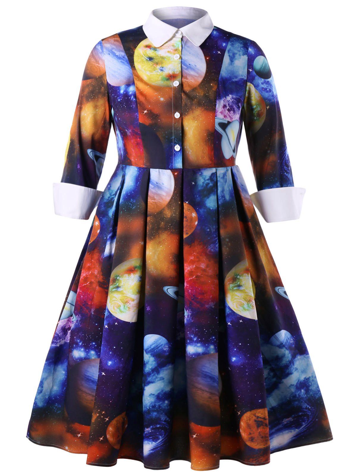 

Plus Size A-line Galaxy Planet Print Dress, Colormix