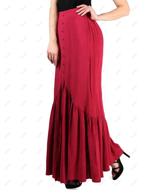 FRENCH BAZAAR Jupe Longue à Taille Haute avec Boutons et Plis - Rouge S