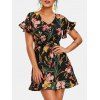 Flare Sleeve V Neck Floral Belted Dress - BLACK L