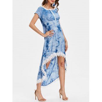 

Tie Dyed Print Empire Waist High Low Dress, Denim blue