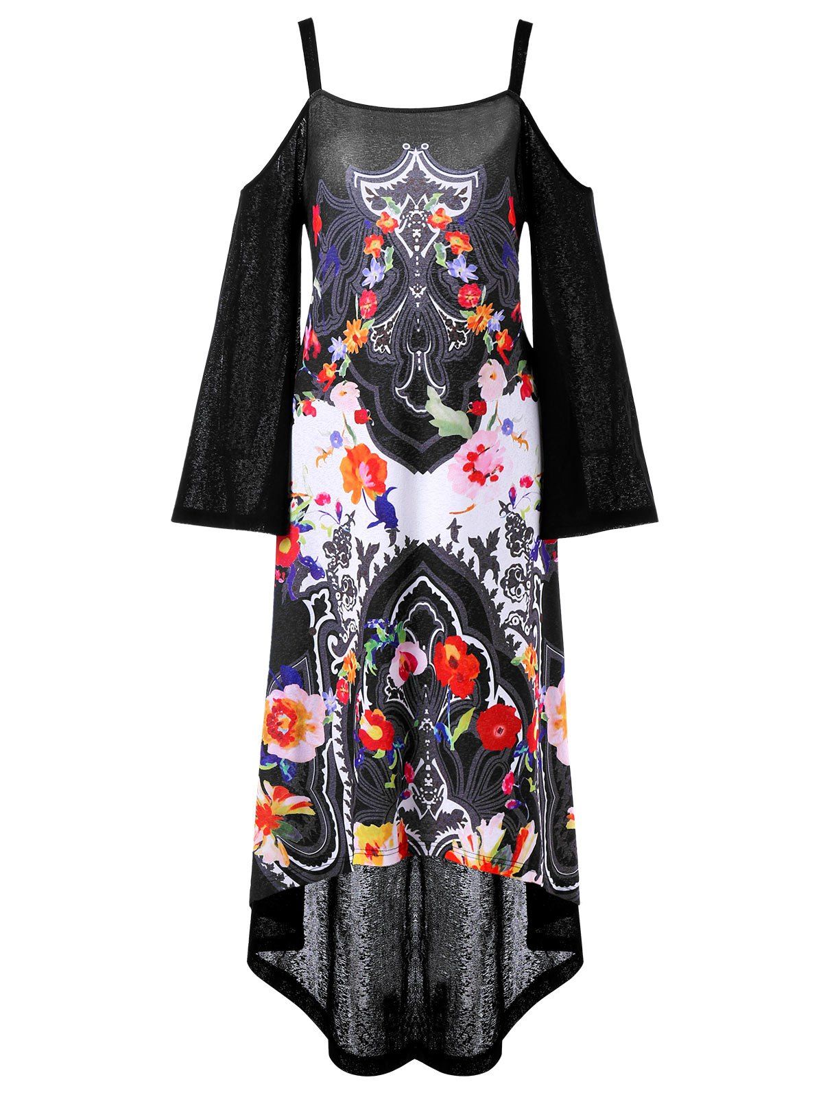 Open Shoulder High Low Printed Maxi Dress - BLACK XL