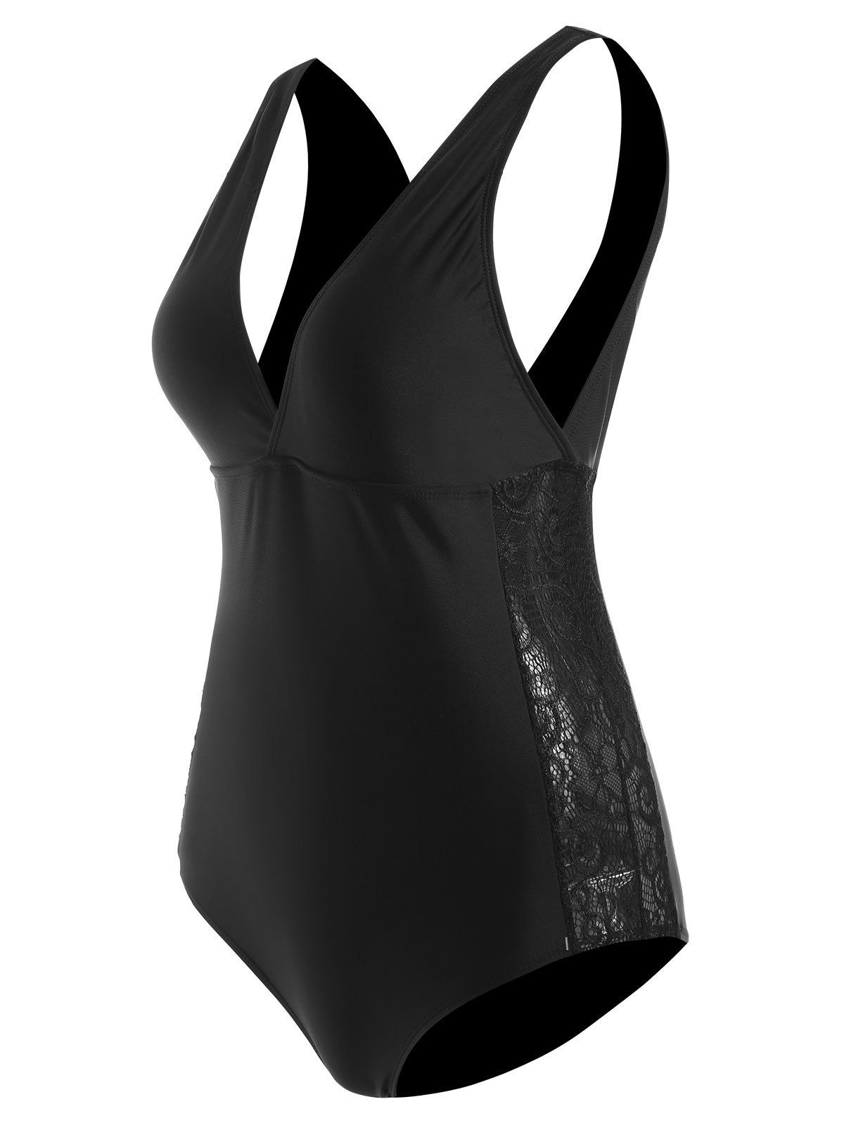 Lace Insert Plunge One-piece Swimsuit - BLACK S