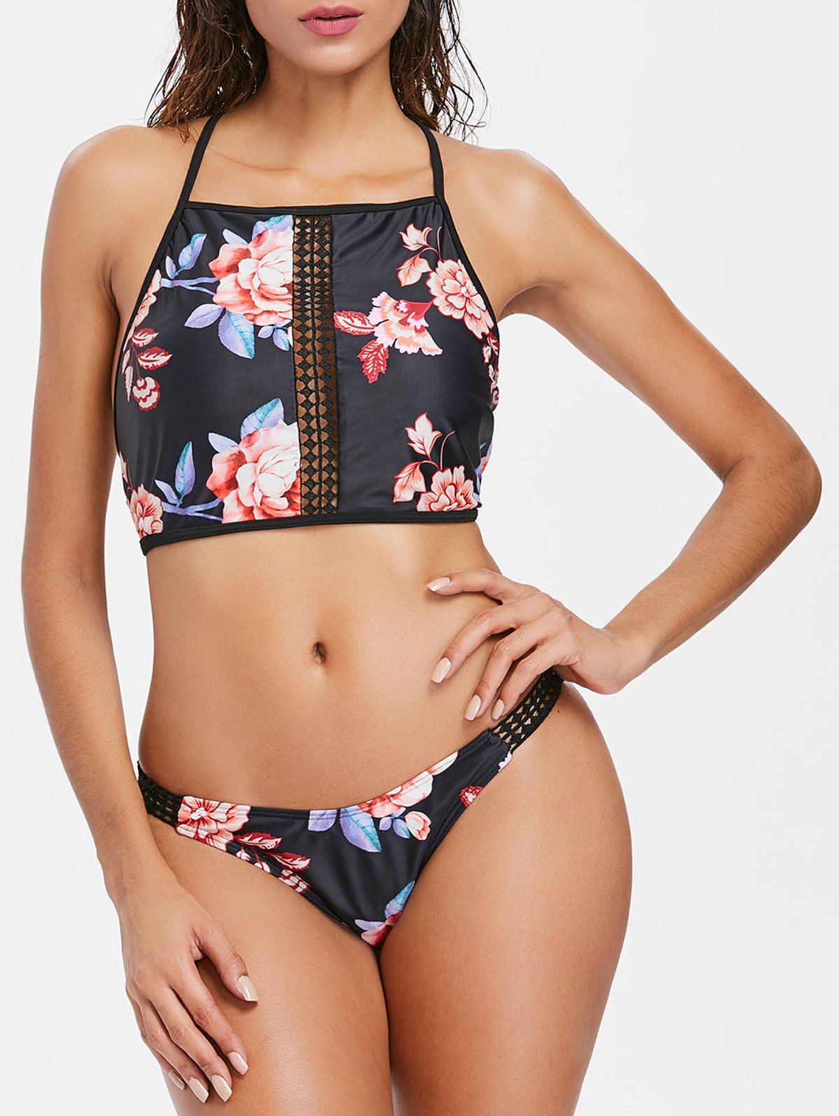Floral Print Lace Up Back Bikini - BLACK XL