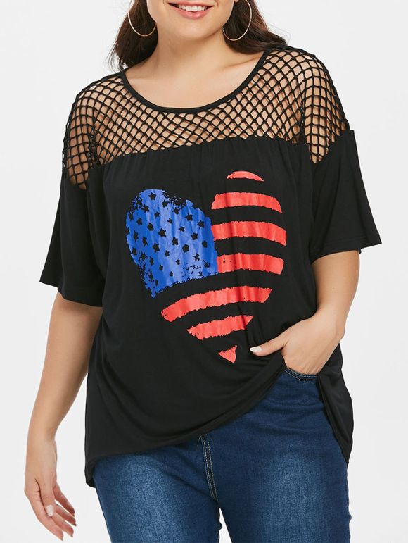 T-shirt Motif de Cœur Drapeau Américain de Grande Taille - Noir L