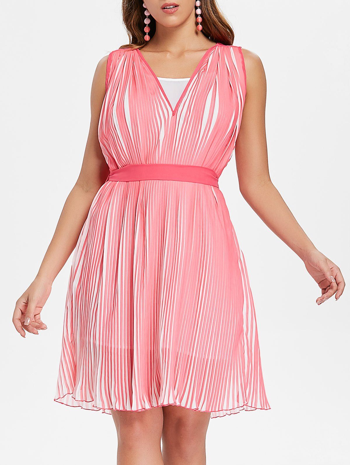 Pleated Mini Dress with Cami Dress - PINK S