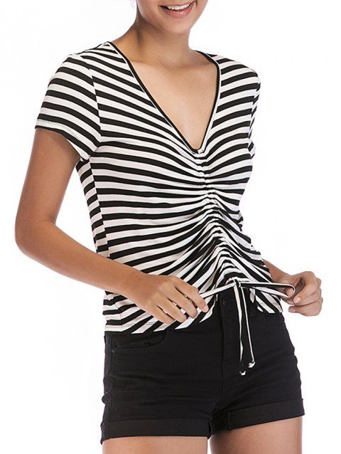 T-Shirt Plissé et Rayé à Col en V 
