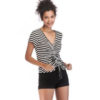 

V Neck Striped Pleated T-shirt, Black