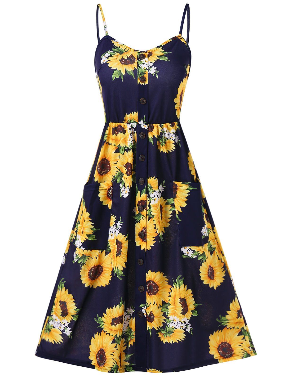 Vacation Sundress Sunflower Print Button Up Summer A Line Cami Dress - DEEP BLUE 2XL