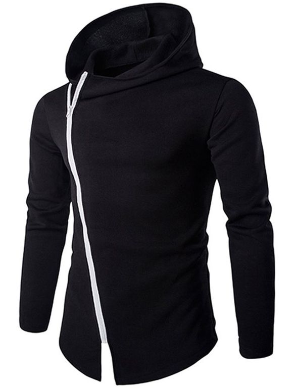 Sweatshirt à Capuche Élégant à Longues Manches avec Fermeture Éclair en Diagonal pour Hommes - Noir L