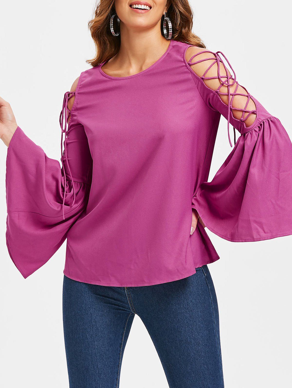 Lace Up Flare Sleeve Tee - ROSE RED M