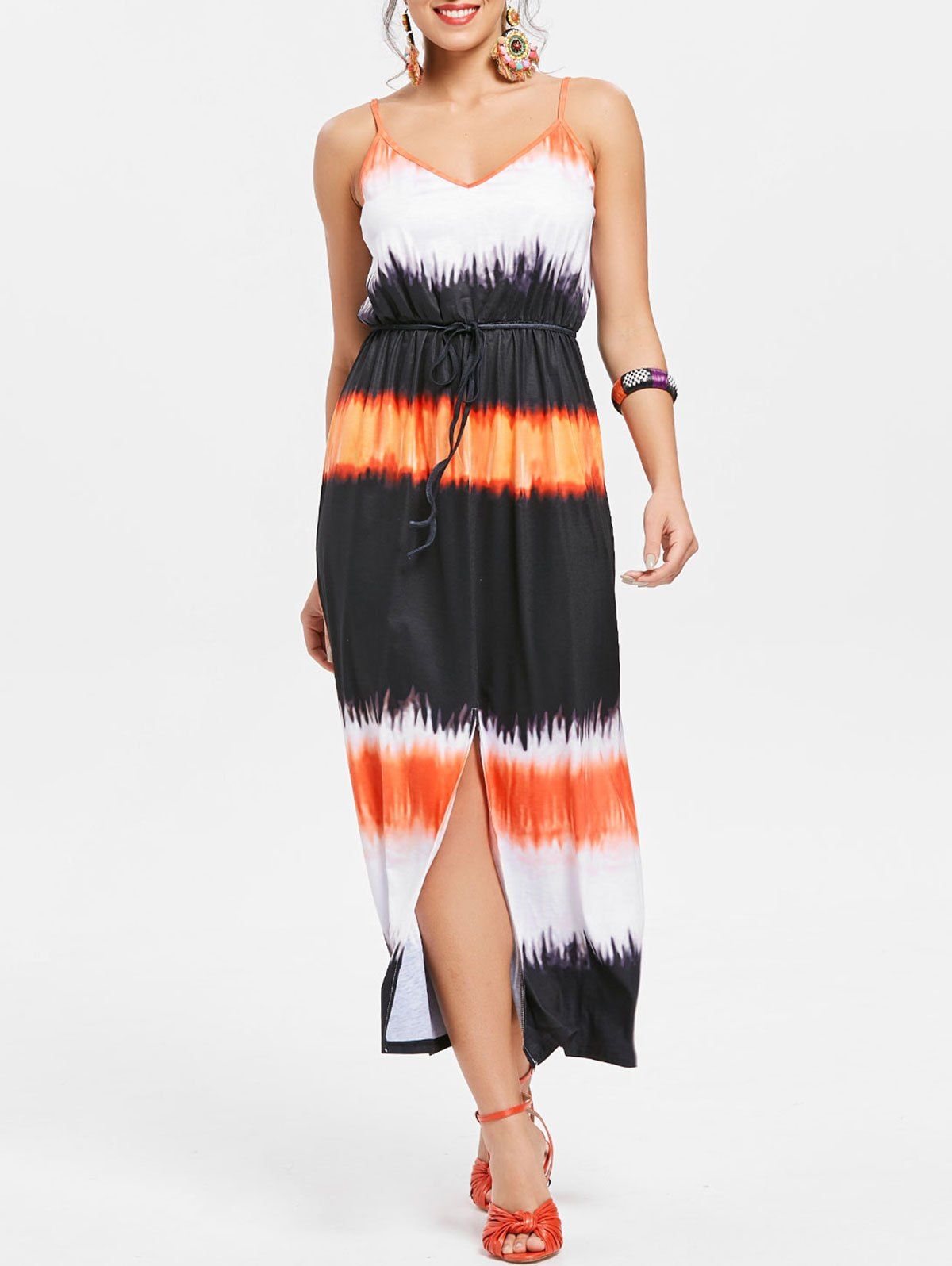 

Women' Stylish Condole Belt Tie-Dye Side Slit Dress, Colormix