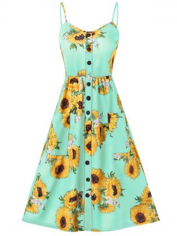 Vacation Sundress Sunflower Print Button Up Summer A Line Cami Dress